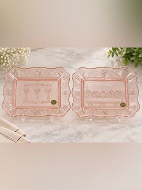 Vintage Pressed Pink Glass Bread Tray- Christian Theme Tiara International